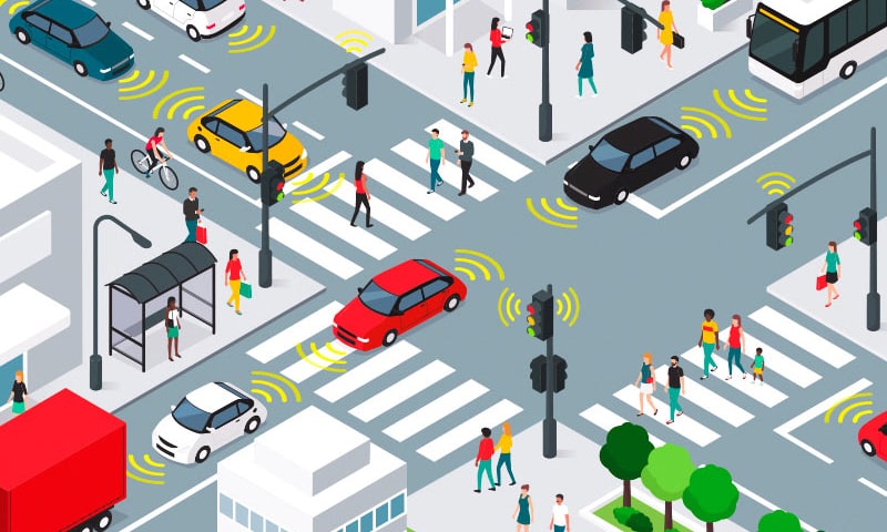 decorative stock image illustration of a busy street intersection