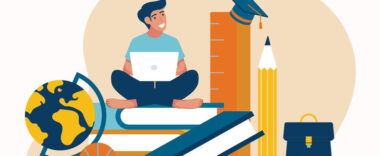 Illustration of a student sitting among textbooks, pencils, rulers, and a backpack