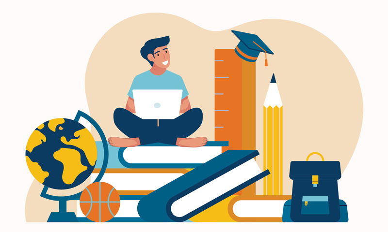 Illustration of a student sitting among textbooks, pencils, rulers, and a backpack